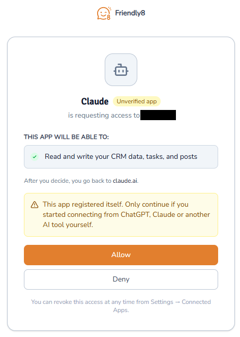Friendly8 consent screen asking to allow Claude access to your CRM data, tasks and posts