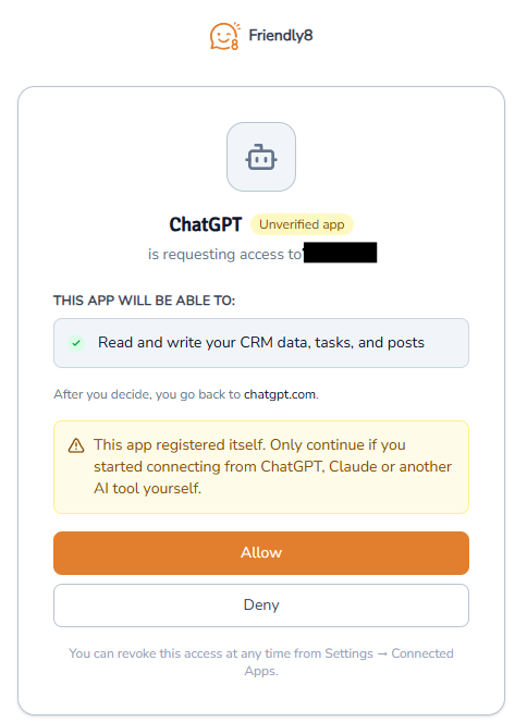 Friendly8 consent screen asking to allow ChatGPT access to your CRM data, tasks and posts