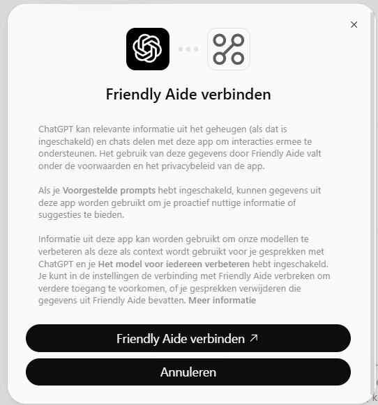 ChatGPT dialog asking you to confirm connecting the Friendly8 app