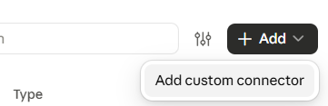 Claude Connectors settings with the Add menu open, showing Add custom connector