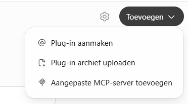 ChatGPT plugins page with the Add menu open, showing Create plugin and Add custom MCP server