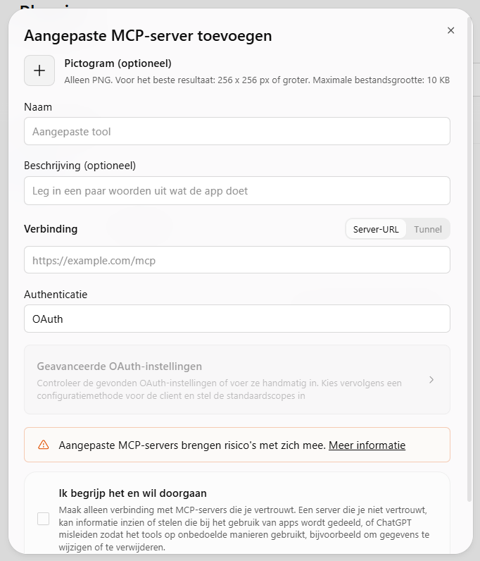 ChatGPT form to add a custom MCP server, with fields for name, server URL and OAuth authentication