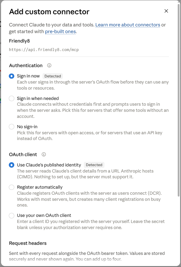 Claude Add custom connector dialog with name Friendly8, the server URL and the detected sign-in settings